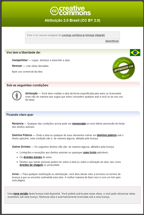 Exemplo de dados sobre a licença aplicada
